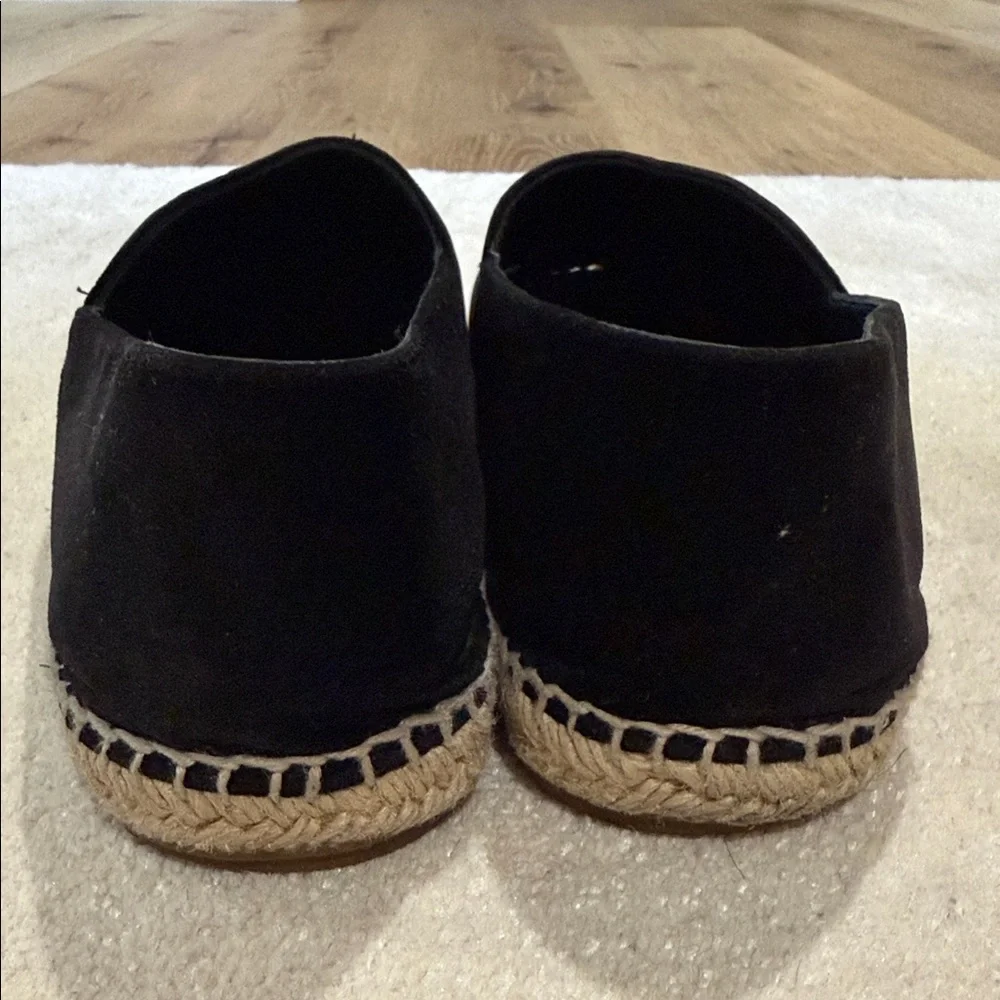 CHANEL Black Suede Espadrilles with Gold Lettering